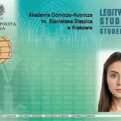 Legitymacja studencka AGH z Krakow, z wizerunkiem orła, chipem i zdjęciem studentki. Wymiary zdjęcia do legitymacji są standardowe.
