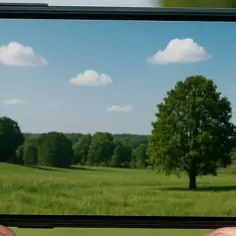 Zdjęcia z telefonu ukazują zieloną łąkę z samotnym drzewem i chmurami na błękitnym niebie.