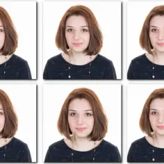 Sześć identycznych zdjęć młodej kobiety z rudymi włosami, spełniających **passport photo requirements**.