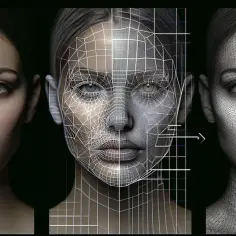 Trzy etapy tworzenia cyfrowej twarzy: realistyczny portret, siatka 3D i finalny model. To zdjęcie zrobione sobie samemu pokazuje proces.
