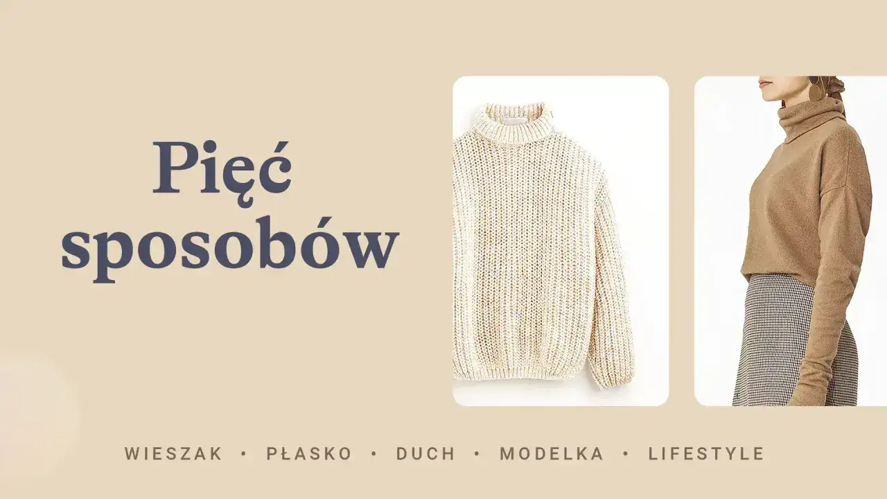 Pięć sposobów, jak robić zdjęcia na Vinted: sweter na wieszaku, płasko, na duchu, modelce i w stylu lifestyle.