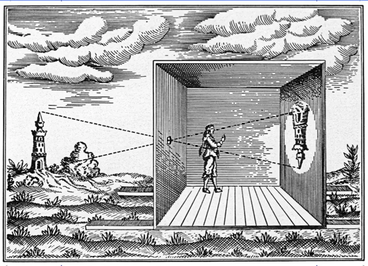 Ilustracja przedstawia camera obscura, prekursor pierwszego aparatu fotograficznego. Promienie światła z wieży tworzą obraz na ścianie.