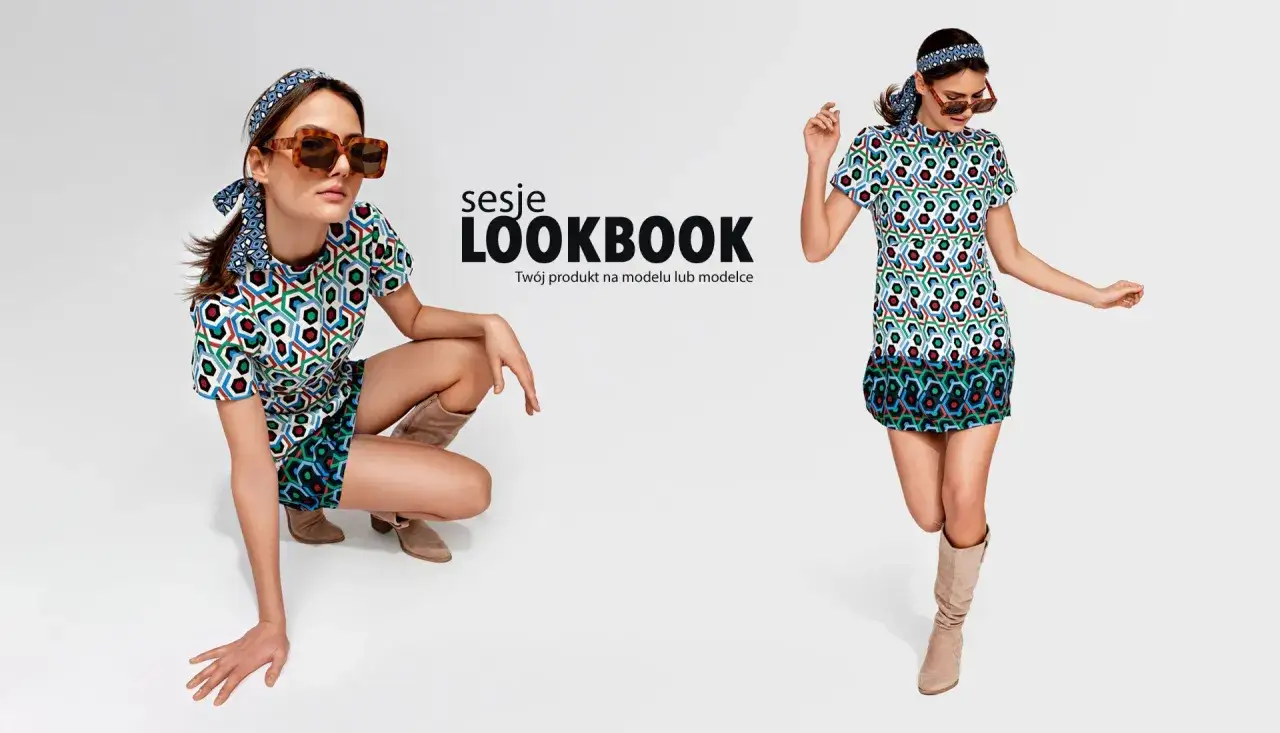 Sesje lookbook: jak robić zdjęcia ubrań do sprzedaży. Modelka w sukience z geometrycznym wzorem i okularach.