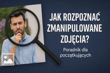 Mężczyzna pod lupą, część jego twarzy jest zamaskowana pikselami. Tekst: "Jak rozpoznać zmanipulowane zdjęcia?".